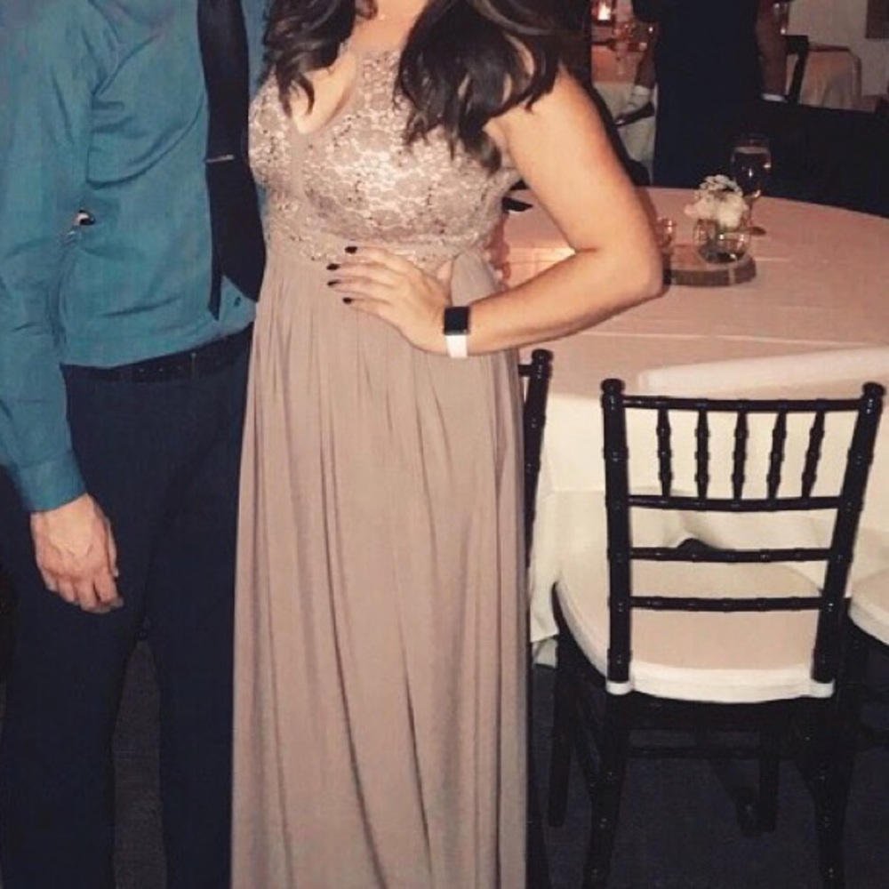 Taupe/ tan wedding guest brides maid dress. Maxi